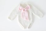 Alpaca Knit Newborn Romper – Cream Photo Prop with Pink Ribbon - Image 4