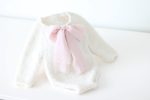 Alpaca Knit Newborn Romper – Cream Photo Prop with Pink Ribbon - Image 2