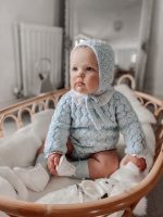 Crochet Baby Boy Romper Set – Pale Blue Merino Wool, Bonnet & Toy