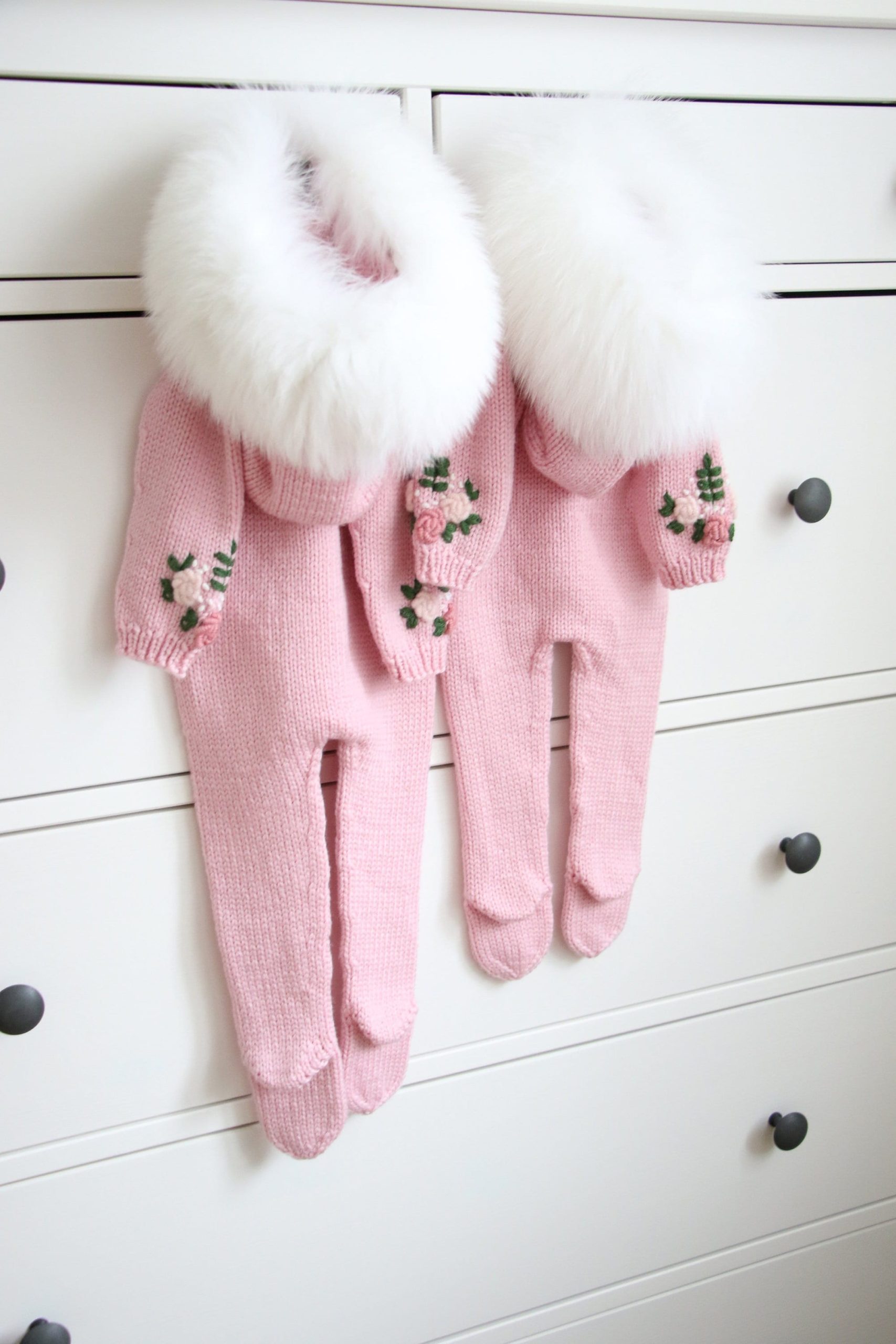 il_fullxfull.3335128854_o5kk Merino Baby Romper – Pink Knit Footie, Genuine Fur Trim Hood - Image 1