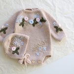Hand Knitted Merino Baby Romper and Bonnet Set – Floral Embroidery, 3-6 Months