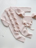 Pale Pink Baby Romper and Bunny Bonnet Set – Merino Mohair Blend - Image 5