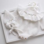 Embroidered Angora Ruffle Romper and Bonnet – Baby Photo Props