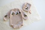 Hand Knitted Merino Baby Romper and Bonnet Set – Floral Photo Prop - Image 6