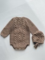 Hand Knitted Merino Baby Romper and Bonnet Set – Brown - Image 3