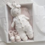 Crochet bunny in white popcorn angora romper with bow on head - Cuddle toy