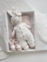 Crochet bunny in white popcorn angora romper with bow on head - Cuddle toy