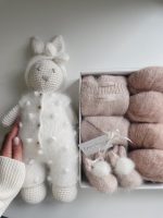 Crochet bunny in white popcorn angora romper with bow on head - Cuddle toy - Image 4