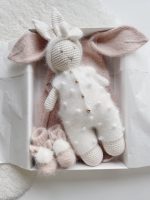 Crochet bunny in white popcorn angora romper with bow on head - Cuddle toy - Image 5