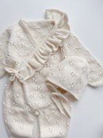 Merino Baby Romper and Bonnet Set - Cream Knit with Ruffles - Image 6