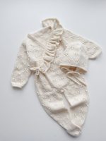 Merino Baby Romper and Bonnet Set - Cream Knit with Ruffles - Image 8