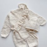 Merino Knit Baby Romper and Bonnet Set - Cream Ruffle Outfit