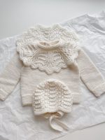 Merino Wool Baby Sweater and Bonnet Set - Cream Ruffle Neck - Image 4