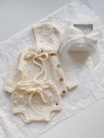 Set of 3 - Baby girl set - Baby girl outfit - Baby boy outfit - Baby boy outfit - Cream baby set - Baby sweater, panties and bonnet - Image 2