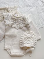Hand Knitted Merino Baby Romper and Bonnet Set – White Photo Prop - Image 8