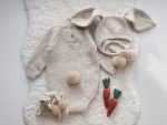 Alpaca Knit Bunny Outfit – Beige Romper, Bonnet & Booties