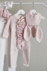 Knit Baby Romper and Bunny Bonnet Set – Pale Pink Merino Mohair - Image 4