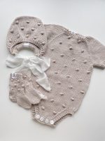 Cotton Knit Baby Romper, Bonnet and Socks Set, Photo Prop - Image 4