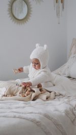 Alpaca Knit Baby Romper and Bonnet Set - Cream Outfit