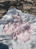 Cotton Baby Romper Set – Pale Pink Ruffle Outfit with Bonnet - Image 7