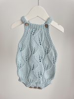 Knitted Baby Romper & Bonnet Set – Pale Blue Cotton Outfit - Image 3