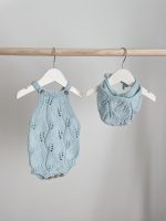 Knitted Baby Romper & Bonnet Set – Pale Blue Cotton Outfit - Image 2
