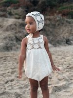 Cotton Baby Romper Set – Camel Knit Bonnet & Booties, Mink Pom Poms - Image 3