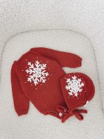 Merino Baby Romper and Bonnet Set – Red Snowflake Outfit - Image 6