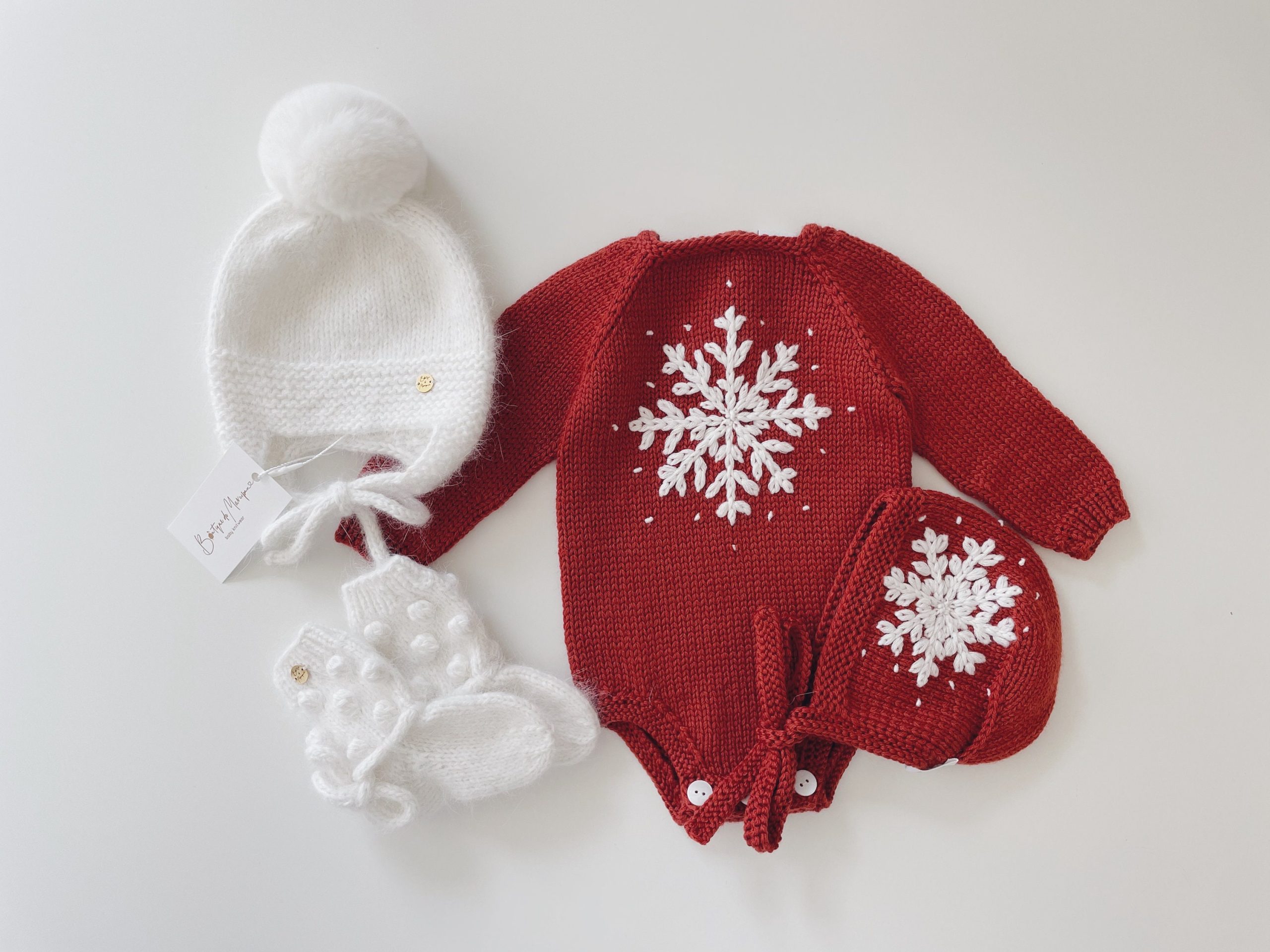il_fullxfull.5199985098_qgv1 Merino Baby Romper and Bonnet Set – Red Snowflake Outfit - Image 1