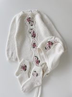Embroidered Flower Merino Baby Romper Set, Bonnet and Socks - Image 4