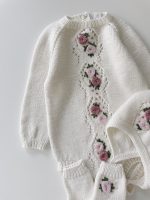 Embroidered Flower Merino Baby Romper Set, Bonnet and Socks - Image 2