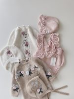 Embroidered Flower Merino Baby Romper Set, Bonnet and Socks - Image 8