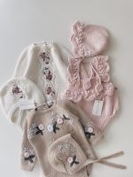 Embroidered Flower Merino Baby Romper Set, Bonnet and Socks - Image 6