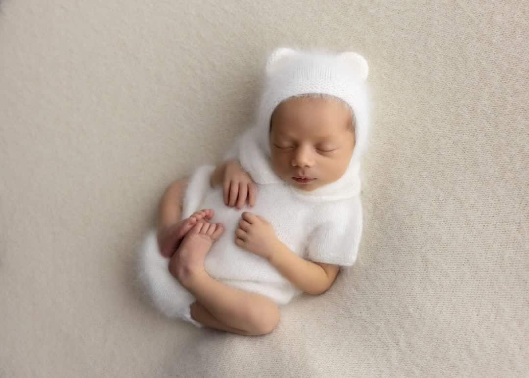 il_fullxfull.5302544092_i12q Baby unisex knitted bear bonnet polo romper and socks - Set of 3 - Photography props - Image 1