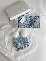 Pale Blue Merino Baby Sweater and Bonnet Set – Fur Pom Poms - Image 3