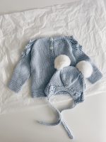 Pale Blue Merino Baby Sweater and Bonnet Set – Fur Pom Poms - Image 5
