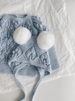Pale Blue Merino Baby Sweater and Bonnet Set – Fur Pom Poms - Image 6