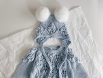 Pale Blue Merino Baby Sweater and Bonnet Set – Fur Pom Poms - Image 2