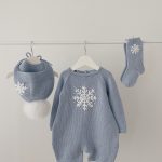 Knitted Merino Baby Romper Set, Blue Snowflake Outfit