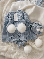 Pale Blue Merino Baby Sweater and Bonnet Set – Fur Pom Poms - Image 9