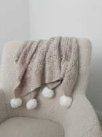Hand-Knitted Beige Alpaca Baby Blanket – Pom Pom Accent - Image 3