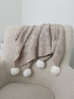Hand-Knitted Beige Alpaca Baby Blanket – Pom Pom Accent