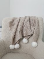 Hand-Knitted Beige Alpaca Baby Blanket – Pom Pom Accent - Image 5
