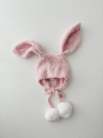 Alpaca Baby Bunny Bonnet – Pink Knit Hat with Fur Pompoms, 6-9 Months