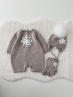 Merino Knit Baby Romper Set, Snowflake Embroidery, Photo Prop - Image 8