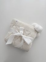 Hand Knit Cream Alpaca Baby Blanket – Genuine Fur Pom Poms - Image 9