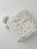 Hand Knit Cream Alpaca Baby Blanket – Genuine Fur Pom Poms - Image 3