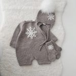 Merino Knit Baby Romper Set, Snowflake Embroidery, Photo Prop