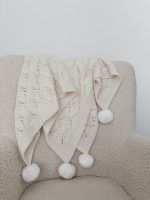 Cream Alpaca Baby Blanket – Hand-Knitted, Genuine Fur Pom Poms