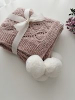 Hand Knit Alpaca Baby Blanket - Pink Marble, Genuine Fur Pom Poms - Image 4